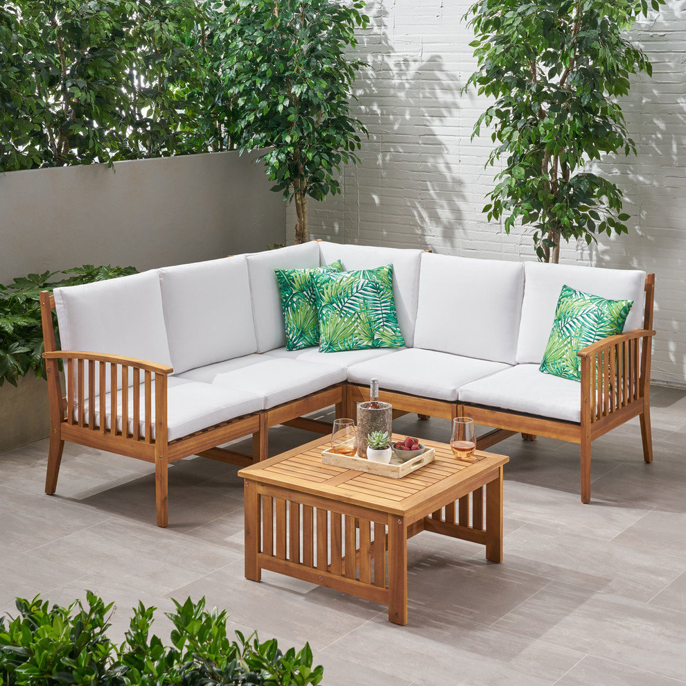 Maud Outdoor 5 Seater Acacia Wood Sofa Sectional Set, Brown Patina, White