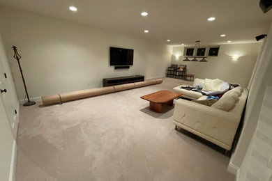 Walk-out carpeted and beige floor basement photo in Philadelphia