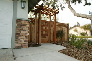 Design ideas for a small asian side yard partial sun xeriscape in San Diego.