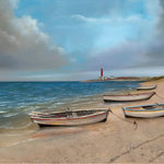 H. Hargrove - The Coast of Barnegat, 24 X 48 - The Coast of Barnegat lets you feel like you are strolling the shoreline with the waves gently washing the sand and in the distance is the majestic Barnegat lighthouse.