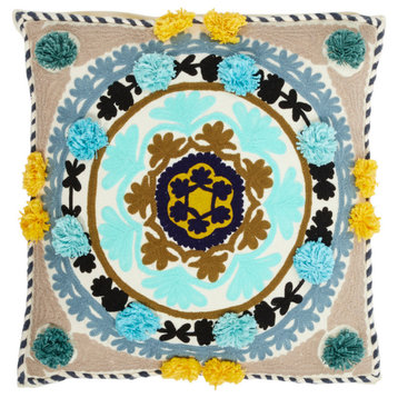 Decorative Gold and Blue Throw Pillow With Eclectic Mandala Embroidery