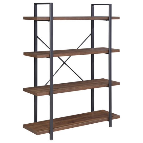 Industrial Bookcase Open Etagere Book Shelf Metal/Wood, Dark Walnut, 4 Shelves