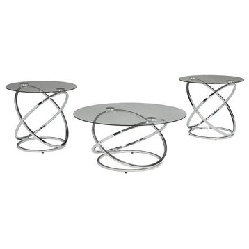 Ashley Furniture Modern Hollynyx 3 Piece Glass Top Coffee Table Set in Chrome
