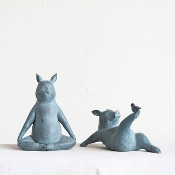 Decorative Yoga Pig with Bird, Grey