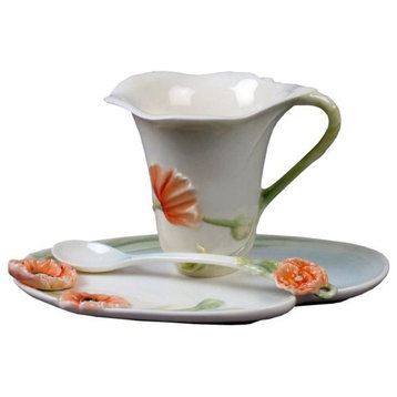 Poppy Coffee Cup Set With Spoon, Poppy, Fine Porcelain