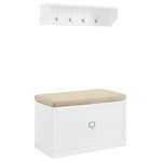 Crosley Furniture - Harper 2-Piece Entryway Set, White Bench and Shelf - Even the smallest entryway needs a landing zone for jackets, shoes and book bags. Look no further than the Harper 2pc Entryway Set. This set combines an open shelf with four double hooks and an entryway bench with a large storage drawer. The open shelf is ideal for decor or small storage baskets, while the entryway bench offers a cushioned seat just right for sitting down to slip off your shoes at the end of the day. Featuring label holder hardware, the storage drawer can be customized with personal labels. The Harper 2pc Entryway Set can pair modularly with other items in the collection and create the look of genuine built-in storage.