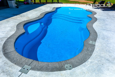 Mid-sized backyard stamped concrete and custom-shaped pool photo in Other