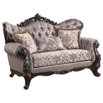 Upholstered Loveseat, Antique Oak and Champagne