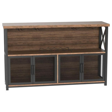 Industrial Bar Cabinet, Mesh Cabinet Doors & Glassware Rack, Rustic Oak