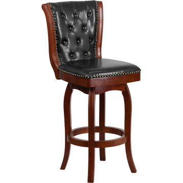 30'' High Cherry Wood Bar Stool With Black Leather Swivel Seat