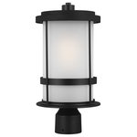 Generation Lighting - Wilburn Outdoor Post Light in Black - With a nod to retro-industrial chic, the Wilburn outdoor fixtures wraps a white frosted glass shade in a fun metal cage to create a casual and easygoing look. Offered in Antique Bronze and Black finishes with Etched White glass, the assortment includes a one-light outdoor pendant, small medium, large, and extra-large one-light outdoor wall lanterns, a one-light out door post lantern and a one-light outdoor ceiling flush mount. Both incandescent lamping and ENERGY STAR-qualified LED lamping are available for most of the fixtures, and some can easily convert to LED by purchasing LED replacement lamps sold separately.  This light requires 1 , 60W Watt Bulbs (Not Included) UL Certified.