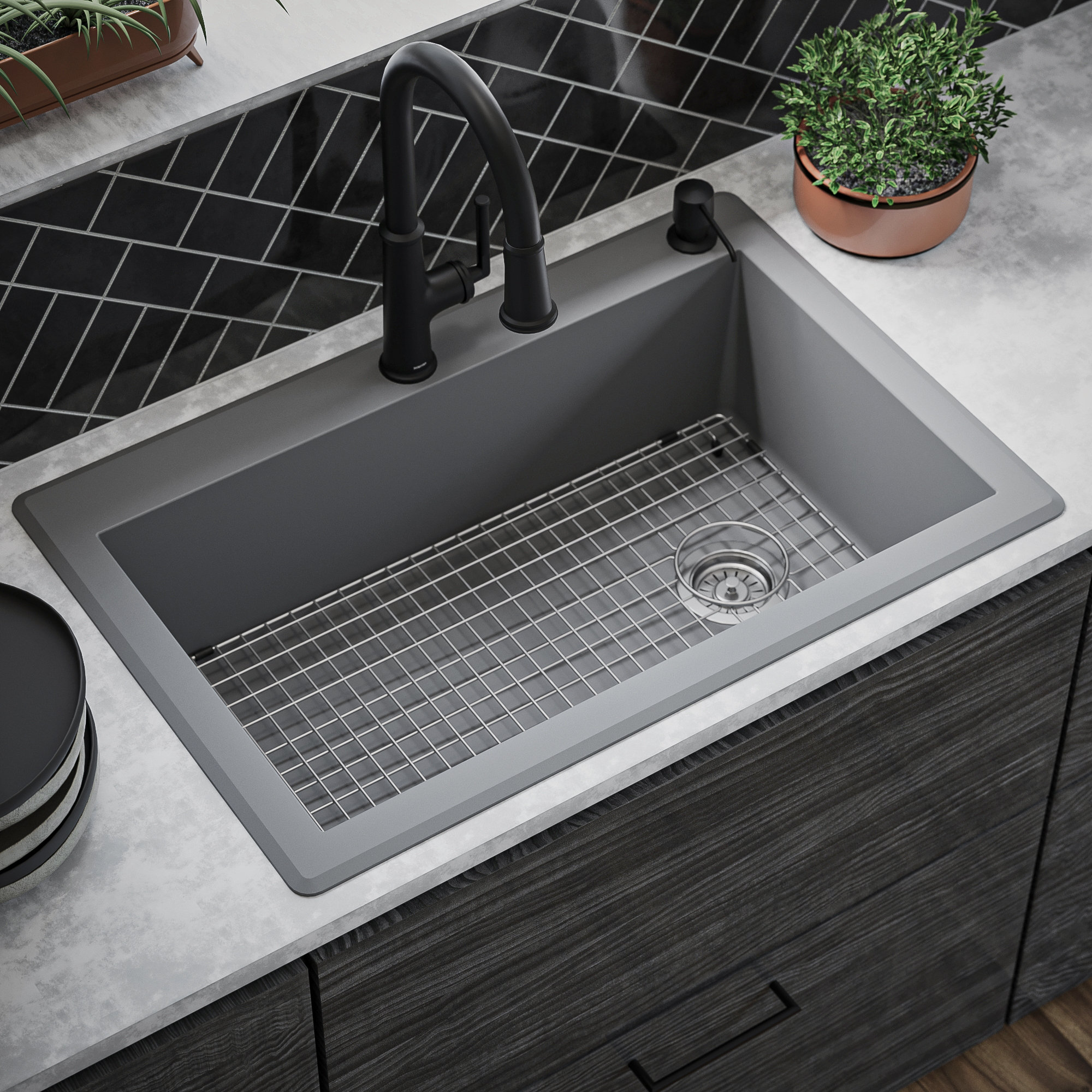 Karran Drop-In Quartz 33" 1-Hole Single Bowl Kitchen Sink Kit, Grey