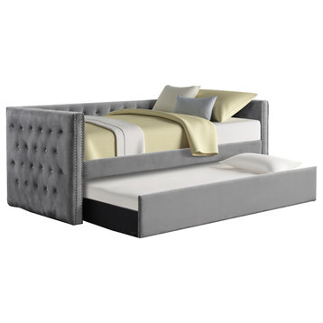 Twin Tufted Nailhead Daybed With Trundle, Velvet Gray