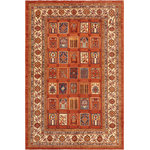 Bareens Designer Rugs - Tribal Berjusta Candie Rust/Ivory Wool Rug - 6'0'' x 7'10'' - A Persian influenced Turkish hand knotted rug made by skilled artisans capable of creating the most exceptional vegetable dyes and hand-spun New Zealand wool. This gorgeous one of a kind Peshawar Kafkaz handmade rugs is also known as a Chobi Ziegler Rug. This gorgeous rug is extremely versatile and is famous for its pleasing color palette and informal design that works in a myriad of interiors. It has been expertly hand-tied, finished, sun-dried, and can contain up to 1.5 million knots. It takes 4 skilled artisans to hand knot this rug nine to twelve months to complete this piece of art. The invigorating colors and patterns in this rug will give your home an elegant and fresh appearance. While drawing upon the coloring and patterns of antique rugs, contemporary Peshawar pieces incorporate modern design motifs and feature vibrant color tones. Give your room a luxurious look and feel with this beautiful rug with gorgeous color pallet. The intricate design allows this oriental rug to create a royal ambience in any d�cor. Hand knotted construction and natural fibers gives this rug soft feel under your feet.