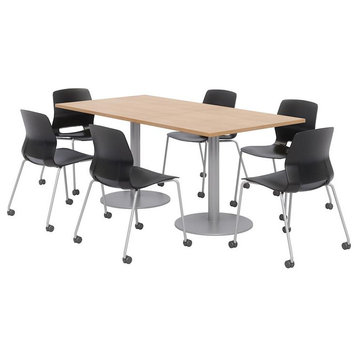 36 x 72" Table - 6 Lola Black Caster Chairs - Maple Top - Silver Base