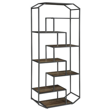 72" Wood Bookcase, Geometric Metal Frame, 7 Shelves, Gray, Brown