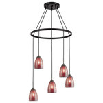 Woodbridge Lighting - Woodbridge Lighting Venezia 5-Light Pendant Chandelier, Bronze, Round, 24"d, Mosaic Red - The Venezia collection is a series of hanging lights featuring uniquely colored designer glass. With many color options to choose from, this transitional design can blend in many rooms with different colors and themes.   This pendant chandelier hangs 5 tulip shaped mosaic glasses spread around a large metal ring to create a carousel for a contemporary touch.
