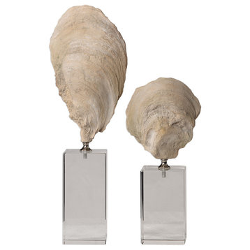 Luxe Coastal Ivory Oyster Sea Shell Sculpture 2-Piece Set