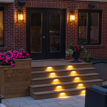 Modern Cedar Pergola, Porcelain Patio & Outdoor Lighting Backyard Renovation