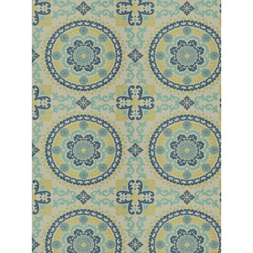 Aegean Blue Aqua Teal Geometric Abstract Global Ethnic Medalli Upholstery Fabric