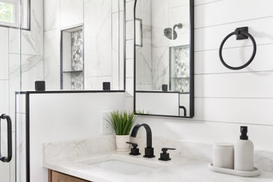 Inspiration for a farmhouse bathroom remodel in Raleigh