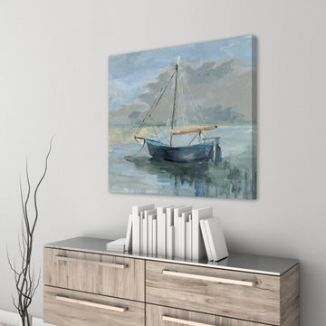 "Anchored Blue Boat" Painting Print on Wrapped Canvas