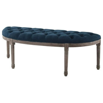 Modern Vintage Accent Bench, Fluted Base With Half Moon Padded Seat, Navy