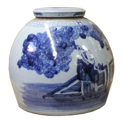 Chinese Vintage Oriental Blue & White Flat Round Ginger Jar - Decorative Jars And Urns