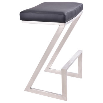 Olan 26" Backless Counterstool, Brushed Stainless Steel With Black Faux Leather
