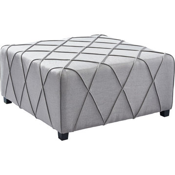 Gemini Ottoman, Silver Linen With Piping Accents and Wood Legs