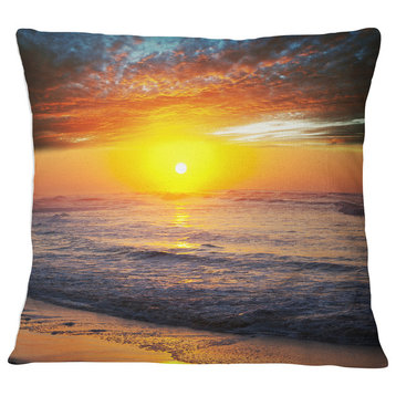 Bright Sunset over Blue Waters Modern Beach Throw Pillow, 16"x16"
