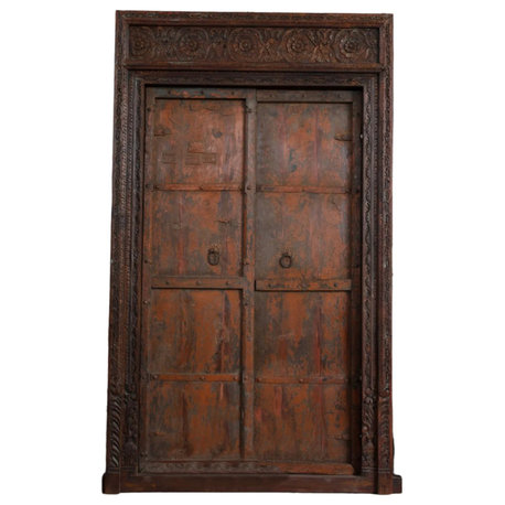 Consigned Antique Rustic Red Spanish Style Farmhouse Large Teak Doors 95