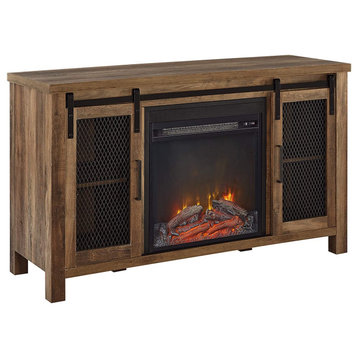 Farmhouse TV Stand, Tall Design With Center Fireplace & Mesh Doors, Rustic Oak