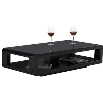 Modern Coffee Table, Rectangular Design With Bottom Shelf, Black Glossy Finish