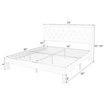 Beige King Size Platform Bed Frame with Upholstered Headboard and Wood Slats