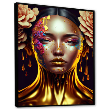 Gold And Black Floral Asian Woman II Framed Canvas, 16x32, Black