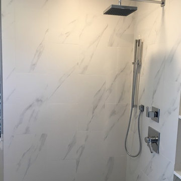 MASTER BATHROOM - Porcelain White Marble Tile, Gray Hexagon Shower Floor