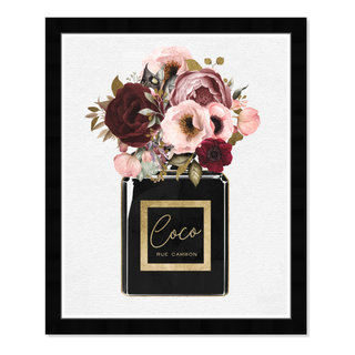 Wynwood Studio Fashion and Glam Framed Wall Art Prints 'Blush Floral Perfume' Perfumes Home Decor - Black, Pink, 13 x 19