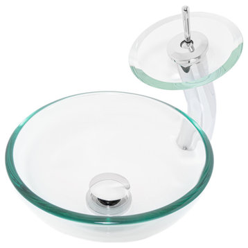 Mini 12" Clear Glass Vessel Sink Combo with Faucet and Drain, Chrome