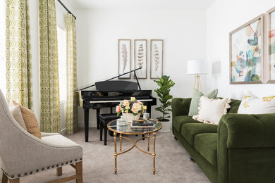 Example of a transitional formal carpeted and gray floor living room design in Salt Lake City with white walls and no tv