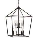 JONATHAN Y - Pagoda Lantern Metal LED Pendant, Oil Rubbed Bronze, Width: 20" - This classic lantern pendant light features a metal caged frame of negative space with exposed bulbs that illuminate from within the center. The shape of the fixture is inspired by iconic street oil lanterns. The pendant light suspends from a chain link that is adjustable to allow the fixture to hang only 34"down, or up to 106" from your ceiling, where it anchors with a round metal canopy.