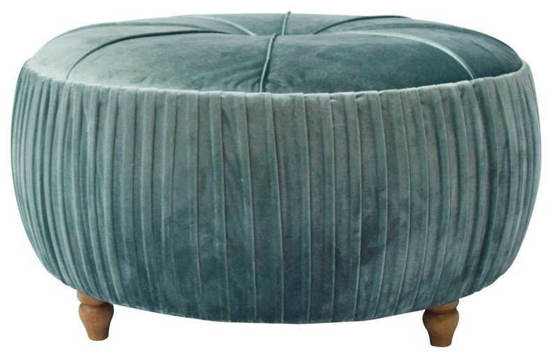 New Pacific Direct Helena 17.5" Round Velvet Fabric Ottoman in Emerald