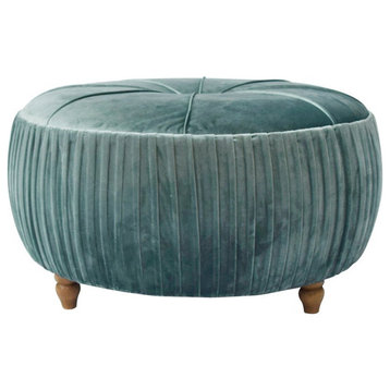 New Pacific Direct Helena 17.5" Round Velvet Fabric Ottoman in Emerald Green