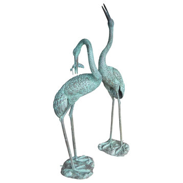 Pair of Cranes fountains Bronze Statues Green Patina -  13"L x 9.5"W x 70"H.