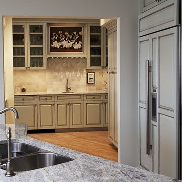 Traditional Kitchen With Blue Raised Panel Cabinets With Brown Glaze