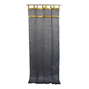 Mogul Interior - 2 Sheer Organza Curtains Drapes Black Golden Sari Border Window, 48x96" - Curtains