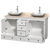 60" Acclaim White Double Vanity, Ivory Marble Top and White Carrera Marble Sink