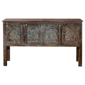 Consigned Rustic Media Console Table With 4 Doors, Blue Hues Entryway Table