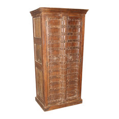Mogul Interior - Consigned Antique Indian Armoire With Iron Straps Hand Crafted Interior Designed - Armoires and Wardrobes