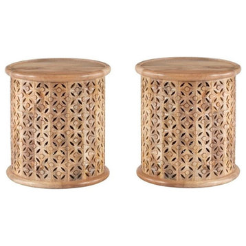 Home Square Wood Hand Carved Side Table in Natural - Set of 2